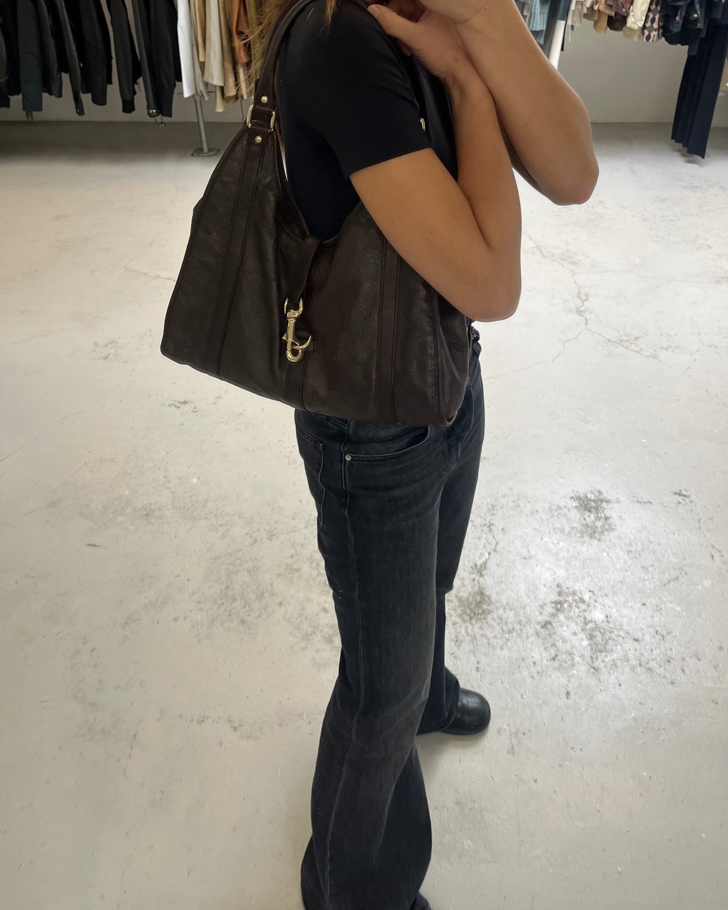 Gucci Jackie Bardot Leather GG Brown
