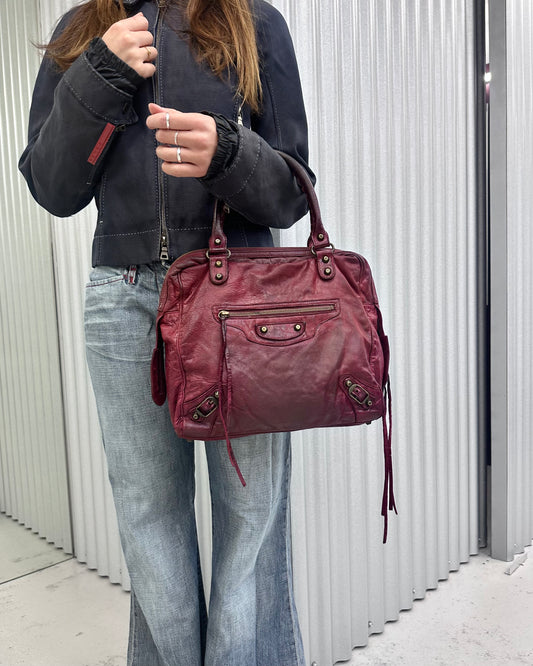 Balenciaga Motocross Leather Tote Bag Dark Red